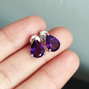 Natural Amethyst Stud Earring-Amethyst Birthstone Earrings-Purple Amethyst Stud Earring-925 Silver Pear Amethyst Stud-Teardrop Stud Earrings