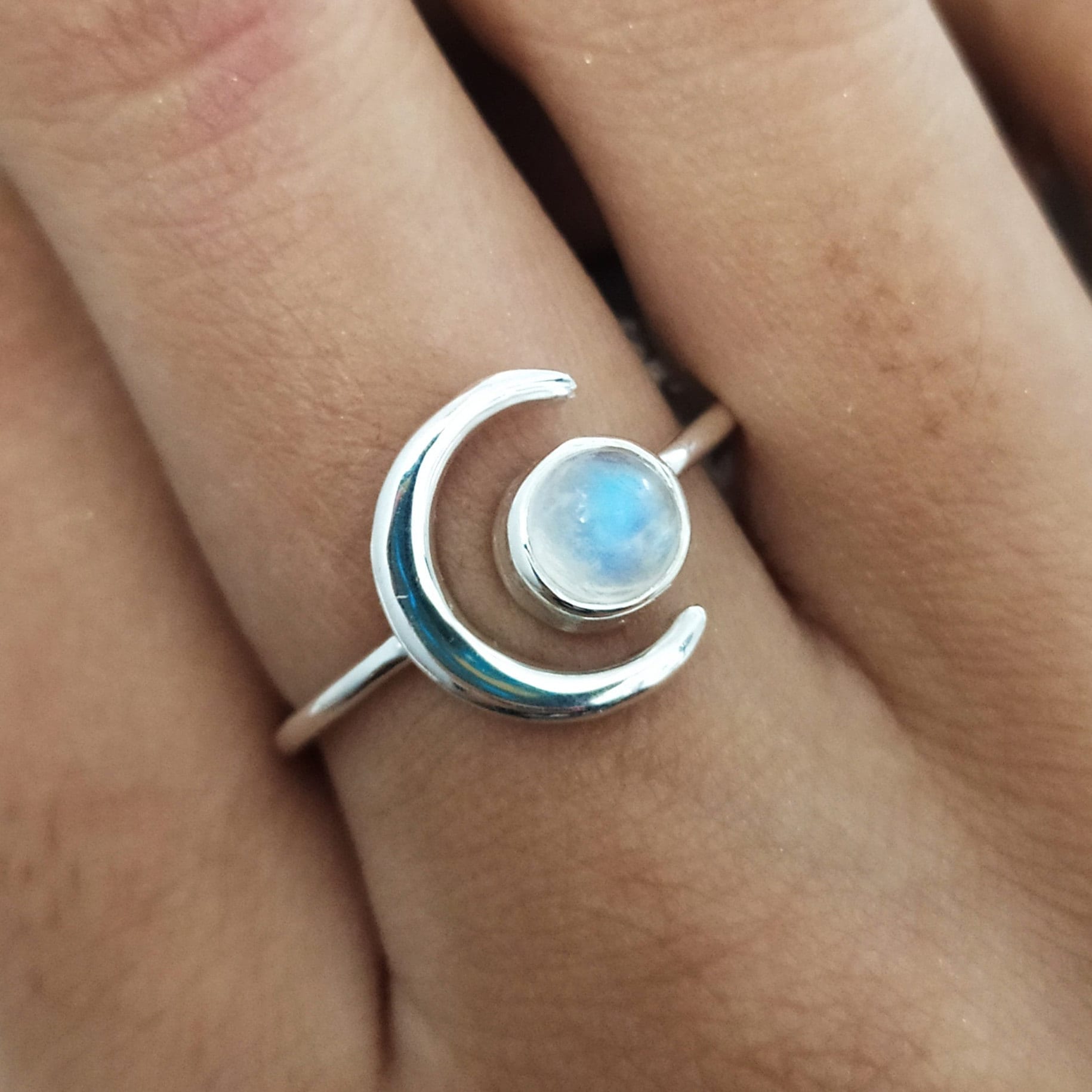 Sterling Silver Crescent Moonstone Ring: Blue Fire Gemstone