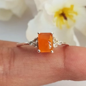 Octagon Carnelian Solitaire Ring: 925 Sterling Silver Birthstone with White Topaz