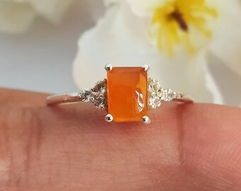 Natural Carnelian Solitaire Ring: 925 Sterling Silver Birthstone with White Topaz