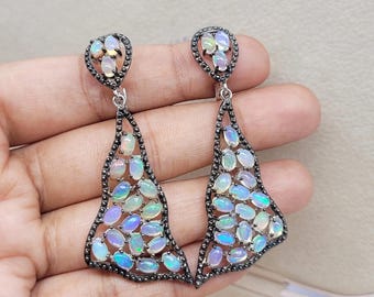 Ethiopian Opal Dangle Earrings: Sterling Silver Vintage Style