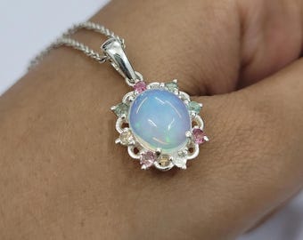 Sterling Silver Ethiopian Opal Pendant Necklace: Vintage Cabochon, Tourmaline Accent