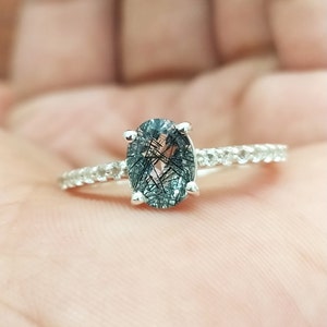 Black Rutile Quartz Engagement Ring: Oval Sterling Silver Solitaire