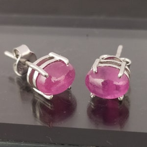 Pendientes de botón con cabujón de rubí rosa natural, pendientes solitario ovalados de plata de ley 925, regalo de piedra natal de julio para mujer.