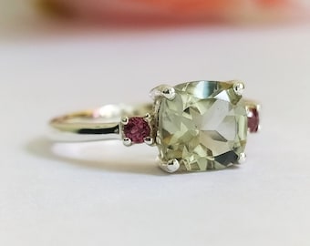 Green Amethyst Solitaire Ring: Cushion Cut Prasiolite & Pink Tourmaline - Sterling Silver