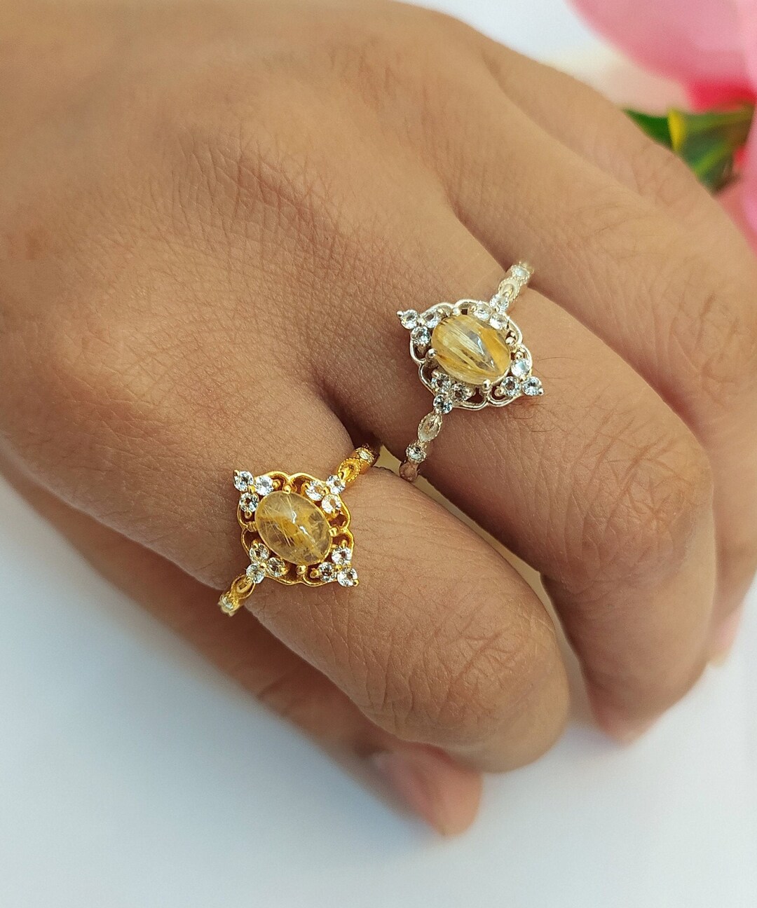 Bague Art Déco En Argent Massif Avec Quartz Rutile - Taille 56 - Cadeau - Occasion