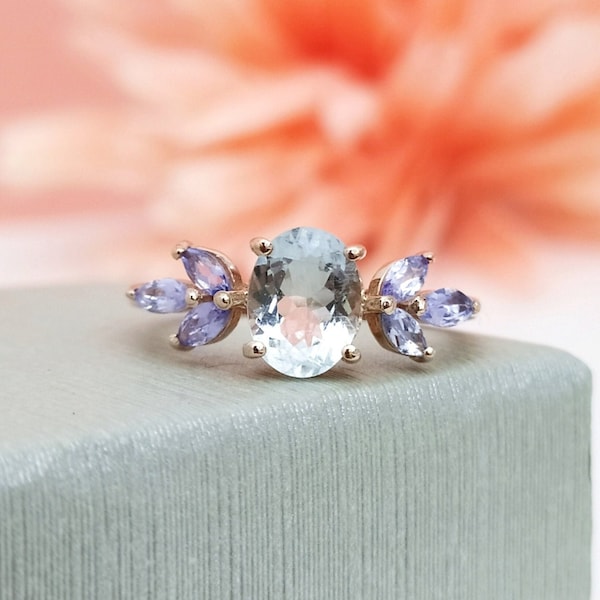 Gorgeous Aquamarine Wedding Ring For Her-Unique Aquamarine Anniversary Ring-Aquamarine Vintage Engagement Ring-Tanzanite Ring For Love-R664