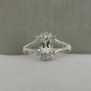 Prasiolite Ring: Green Amethyst, White Topaz Halo, Sterling Silver