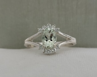 Natural Green Amethyst Ring-Prasiolite Oval Cut Engagement Ring-Unique Prasiolite Halo Ring-925 Sterling Silver-Amethyst With Topaz Jewelry