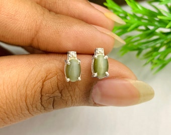 Cat's Eye Chrysoberyl Sterling Silver Stud Earrings: Vintage Oval Gemstone, Minimalist Jewelry