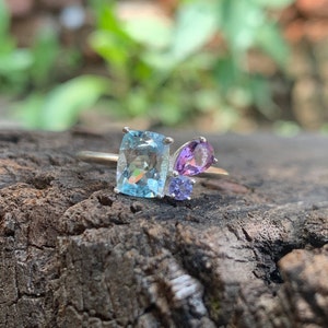 Aquamarine & Amethyst Silver Ring: Multi Stone Family Birthstone