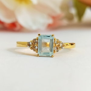 Aquamarine Solitaire Ring: Sterling Silver Engagement Ring, Octagon Cut