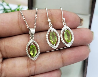 Dainty Peridot Sterling Silver Jewelry Set: August Birthstone Necklace & Earrings