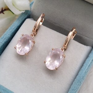 Pendientes colgantes de cuarzo rosa: Plata de ley, piedra preciosa ovalada