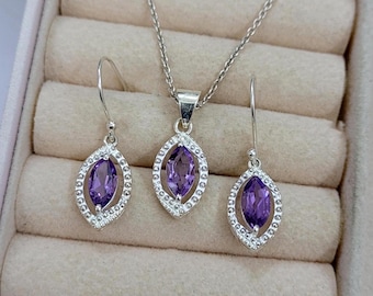 Sterling Silver Amethyst Jewelry Set: Marquise Cut Necklace & Evil Eye Earrings
