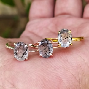 Unique Black Rutile Quartz Solitaire Gold Ring-Black Rutilated Quartz Promise Ring 925 Sterling Silver-Black Rutile Vintage Ring For Her-65