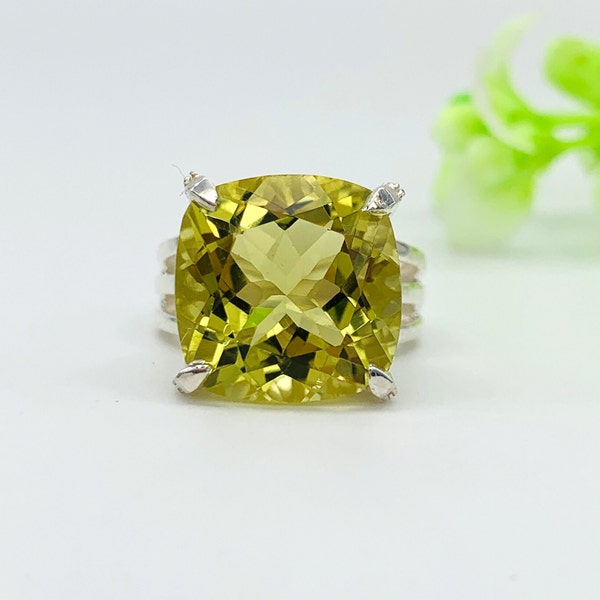 One Of A Kind Green Gold Cocktail Ring-Lemon Quartz Tiffany Cocktail Ring-Huge Lemon Quartz Promise Ring-Unique Lemon Quartz Statement Ring