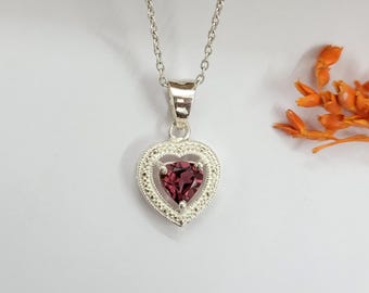 Rhodolite Heart Pendant, 925 Sterling Silver, Polished Mirror Finish