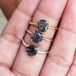 Black Rutile Quartz Solitaire Ring-Round Cut Black Rutilated Quartz Ring-Black Quartz Vintage Ring For Her-Tourmaline Quartz Ring Silver