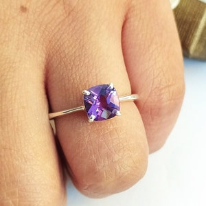 Purple Amethyst Ring-Cushion-Jewelry Handmade-February Birthstone Ring-Solitaire Ring-925 Solid Sterling Silver-Engagement Ring-63