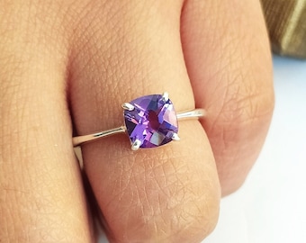 Purple Amethyst Ring-Cushion-Jewelry Handmade-February Birthstone Ring-Solitaire Ring-925 Solid Sterling Silver-Engagement Ring-63