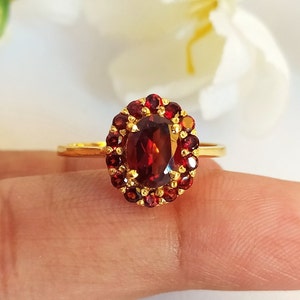 Red Garnet Cluster Ring: Sterling Silver Halo, Mozambique Gemstone