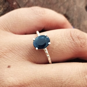 Oval Blue Sapphire Ring: Vintage Sterling Silver Engagement, September Birthstone