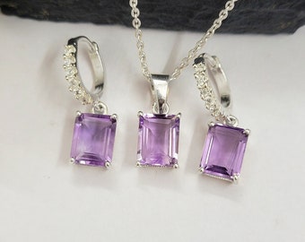 Amethyst Jewelry Set: Sterling Silver Ring, Earrings & Pendant - February Birthstone