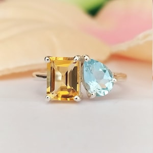 Delicate Toi and Moi Ring-Blue Topaz & Golden Citrine Multi Ring-Topaz and Citrine Toi-Moi Ring-Multi Birthstone Ring-Multi Gemstone Ring