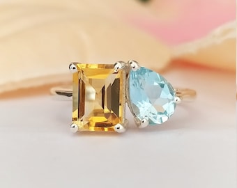 Delicate Toi and Moi Ring-Blue Topaz & Golden Citrine Multi Ring-Topaz and Citrine Toi-Moi Ring-Multi Birthstone Ring-Multi Gemstone Ring