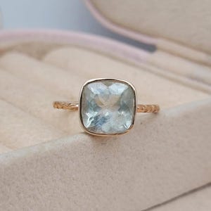 Cushion Cut Aquamarine Statement Ring: 14k Rose Gold, Sterling Silver