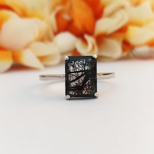 Black Rutile Quartz Solitaire Ring-Emerald Cut Black Rutile Quartz Ring-Black Rutile Vintage Ring For Her-925 Solid Sterling Silver-83