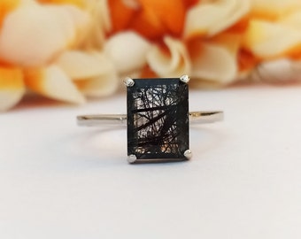 Emerald Cut Black Rutile Quartz Ring - Sterling Silver Solitaire