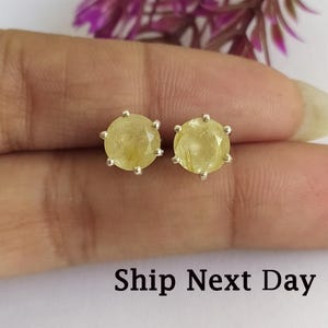 Unique Golden Rutile Quartz Stud Earrings-Golden Rutile Stud Earrings Silver-Golden Rutilated Quartz Vintage Earrings-Unique Rutile Jewelry
