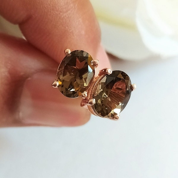 Smokey Quartz Stud Earring-Dainty Smoky Earring-Smokey Everyday Earring-Birthstone Earring-925 Sterling Silver Studs-Mother's Day Gift Her