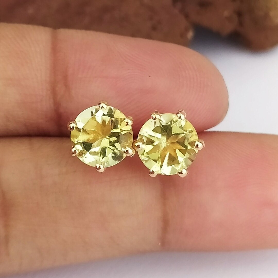 Lemon Quartz Gemstone Earrings-gold Filled Studs-round Cut Yellow Quartz Earrings-prong Earrings ...