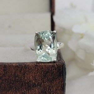 Natural Green Amethyst Cocktail Ring-Cushion Cut Prasiolite Solitaire Ring-Green Birthstone Ring Sterling Silver-Prasiolite Jewelry For Gift