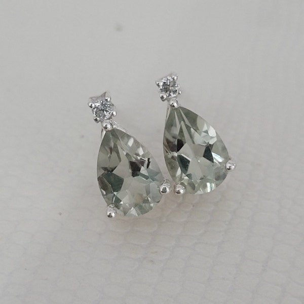 Natural Green Amethyst Stud Earrings-Prasiolite Pear Cut Stud-925 Sterling Silver-Prasiolite Birthstone Stud-Engagement Gift For Wife