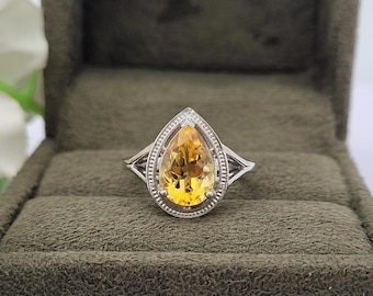 Golden Citrine Pear Cut Ring: Sterling Silver Statement Bridal Ring - Natural Yellow Gemstone Jewelry -