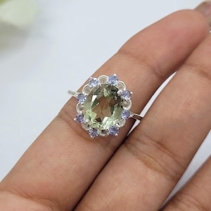 Green Amethyst Ring: Prasiolite & Tanzanite Halo - Sterling Silver