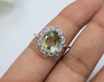 Green Amethyst Ring: Prasiolite & Tanzanite Halo - Sterling Silver