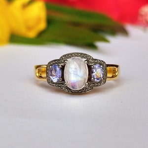 Blue Flashy Moonstone & Tanzanite Ring: Victorian Sterling Silver Engagement