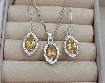 Citrine Jewelry Set: Sterling Silver Necklace & Earrings - November Birthstone Gift