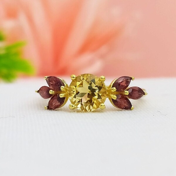 Dainty Gold Citrine Engagement Ring-Natural Citrine Bridal Ring For Her-Citrine With Garnet Unique Wedding Ring-925 Sterling Silver-R632