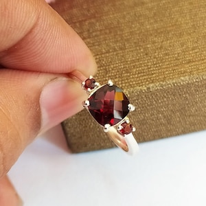 AAA Red Garnet Sterling Silver Ring: Cushion Cut Birthstone