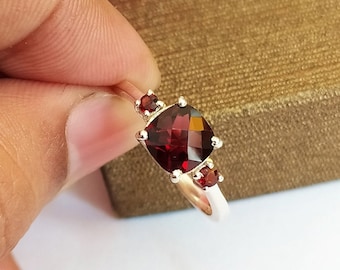 AAA Red Garnet Solitaire Ring-Cushion Cut Birthstone Ring-Three Stone Ring-Garnet Engagement Ring-925 Sterling Silver-Jewelry Handmade-74