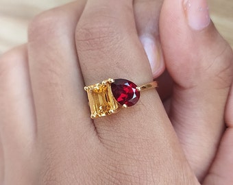 Designer Natural Golden Citrine & Red Garnet Solitaire Ring-Two Stone Ring-Unique Pear and Octagon Ring-925 Solid Sterling Silver Jewelry