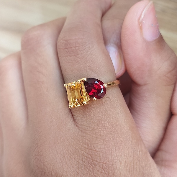 Designer Natural Golden Citrine & Red Garnet Solitaire Ring-Two Stone Ring-Unique Pear and Octagon Ring-925 Solid Sterling Silver Jewelry