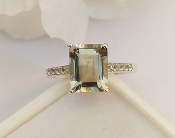 Emerald Cut Prasiolite Ring, Natural Green Amethyst Ring: Sterling Silver Solitaire