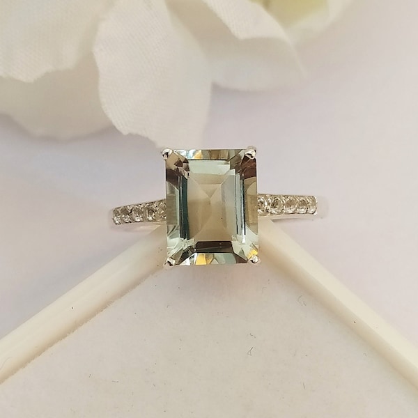 Anillo de prasiolita talla esmeralda, anillo de amatista verde natural: solitario de plata de ley